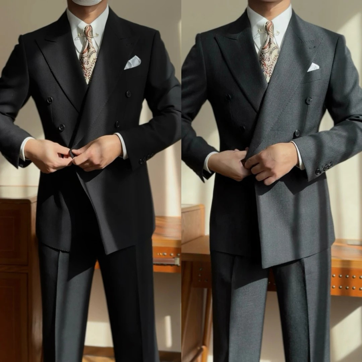 Costume noir double boutonnage avec cravate