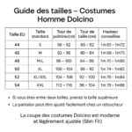 Guide des tailles costume homme Dolcino – correspondance tailles EU, poitrine, taille et hauteur conseillée
